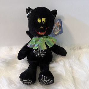 K & K Games Halloween Beanie Plush Toy Black Cat With Tags Spider Web Ears Belly
